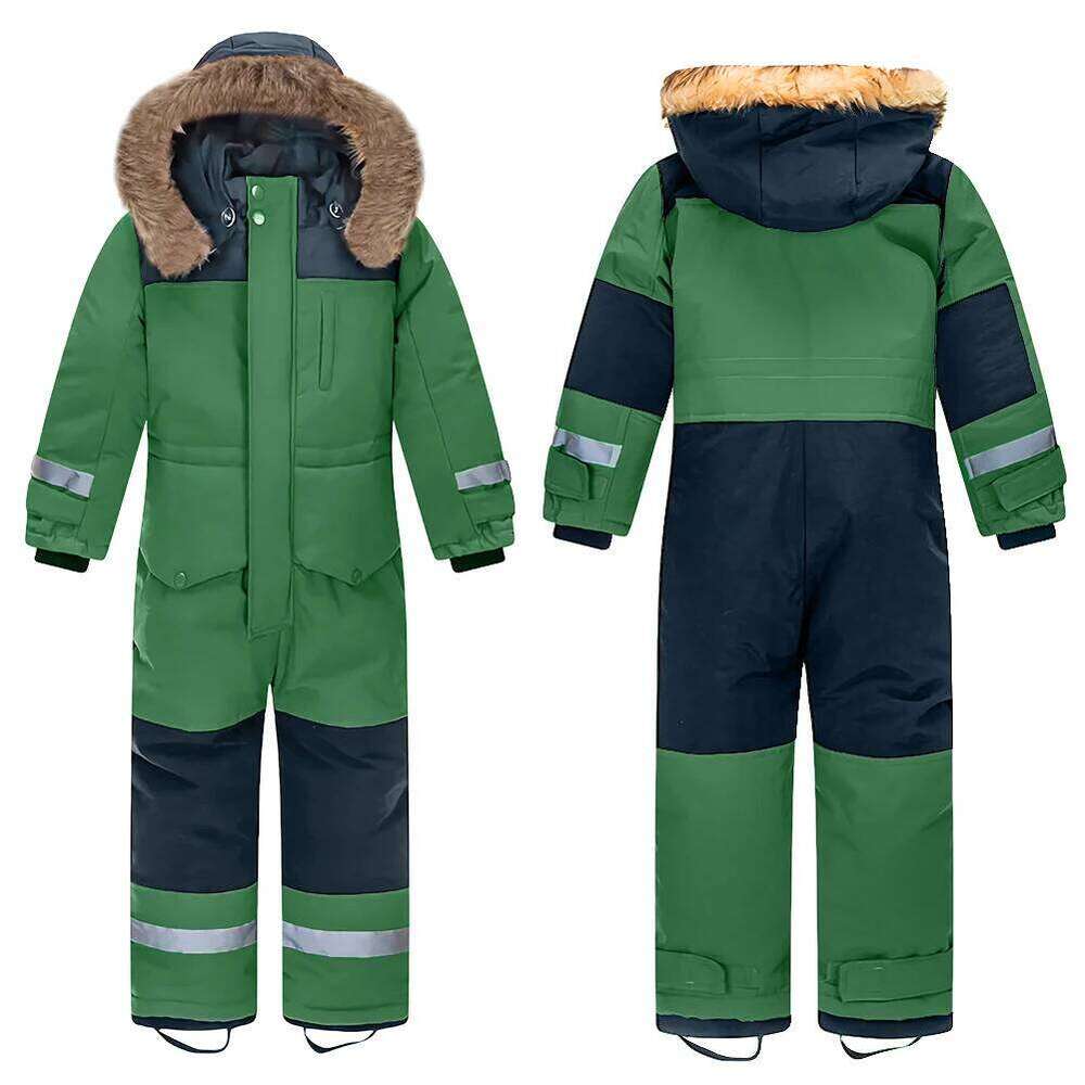 Baby Girls Boys One-Piece Ski Suits Children's Snowboarding Fur Hooded Thick Windproof Warm Skiing Sports Clothes For Winter