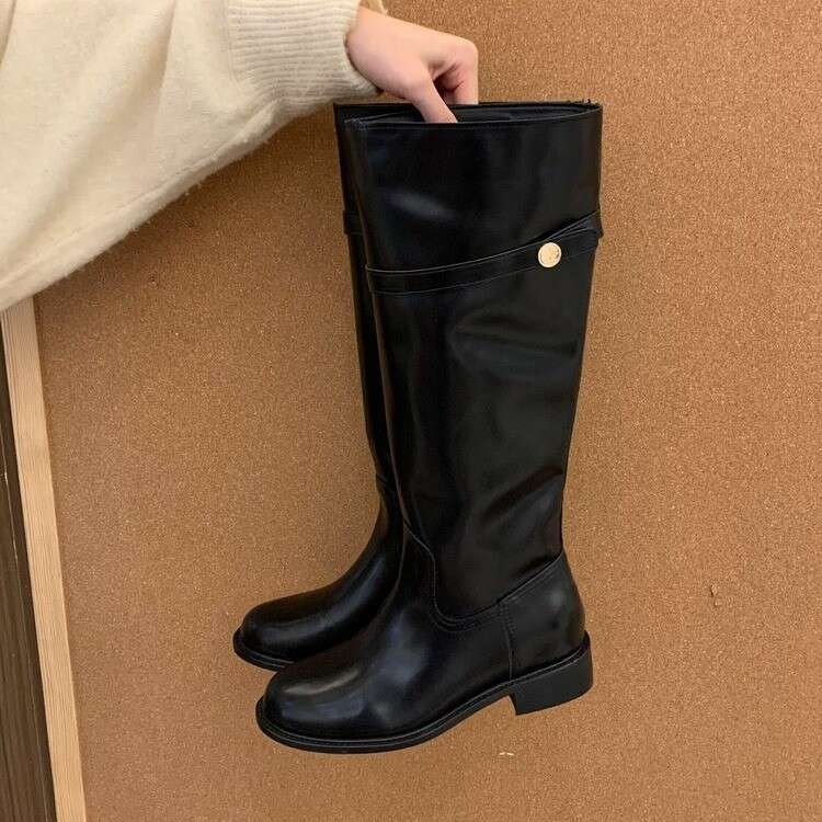 Sheepskin Version~ Small Gold Buckle Genuine Leather Thick-Soled High for Women Korean Style Wide Long Plus Size Thick-Legged Riding Boots