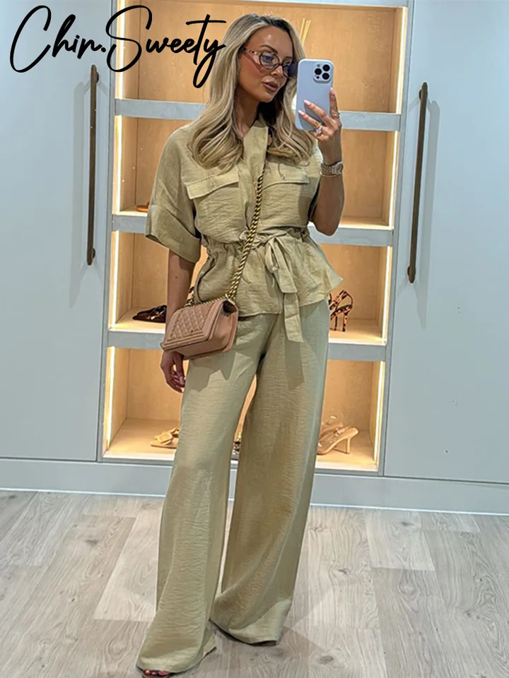 Casual Coat Pant Set Women Loose Zipper Vneck Lace Up Pleat Top Wide Leg Trousers Suit 2025 Summer Lady 2 Pieces Outfits 251013