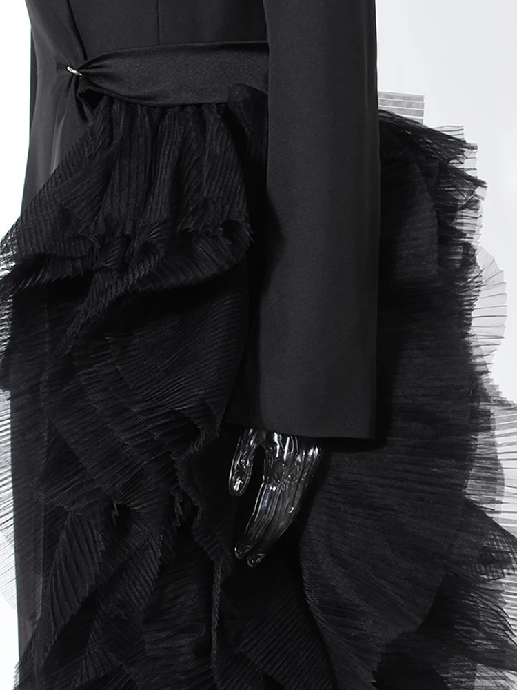 EAM Women Black Irregular Mesh Big Size Long Elegant Blazer Lapel Sleeve Jacket Fashion Spring Autumn 7AB4743 251027