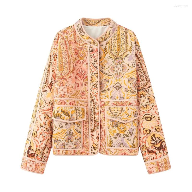 Women's Jackets Single Breasted Design With Loose And Versatile Stand Up Collar Positioning Printed Cotton Jacket