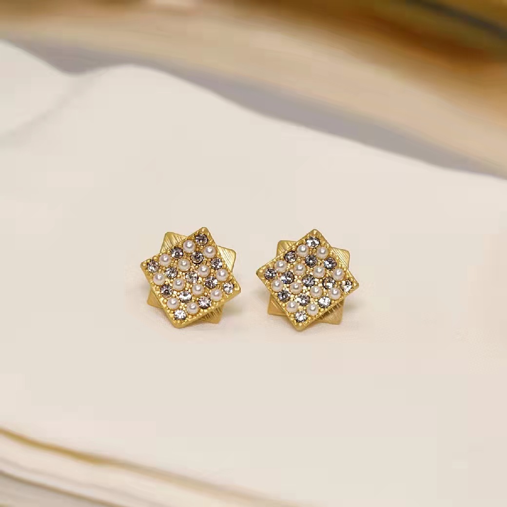 Gold earrings luxury earrings 925 silver needle vintage full diamond square earrings fashionable simple zircon pearl earrings free shipping gift for w