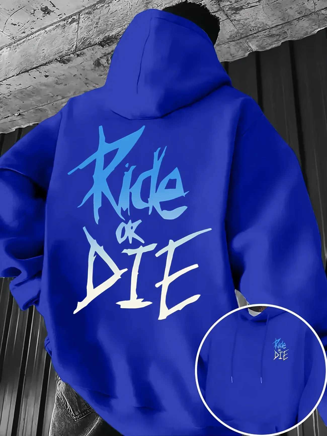 Autumn Winter Mens Hoodie with Ride or Die Lettering Print Adult Pullover Sweatshirt Street Casual HipHop Long Sleeve Top W251027