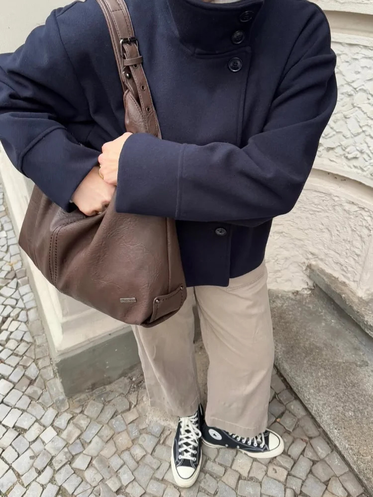 Casual Single Breasted Khaki Woolen Short Jacket Women Fashion Stand Neck Cropped Full Sleeve Outwear Autumn Daily Office Coat 251027