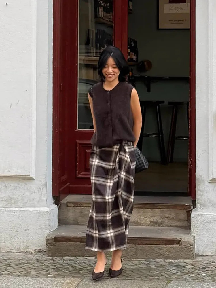 Draped Checked Midi Skirt Women Casual Pleated Irregular High Waist Slim Midlength Bottom Lady Daily Commute Street Skirts 251027