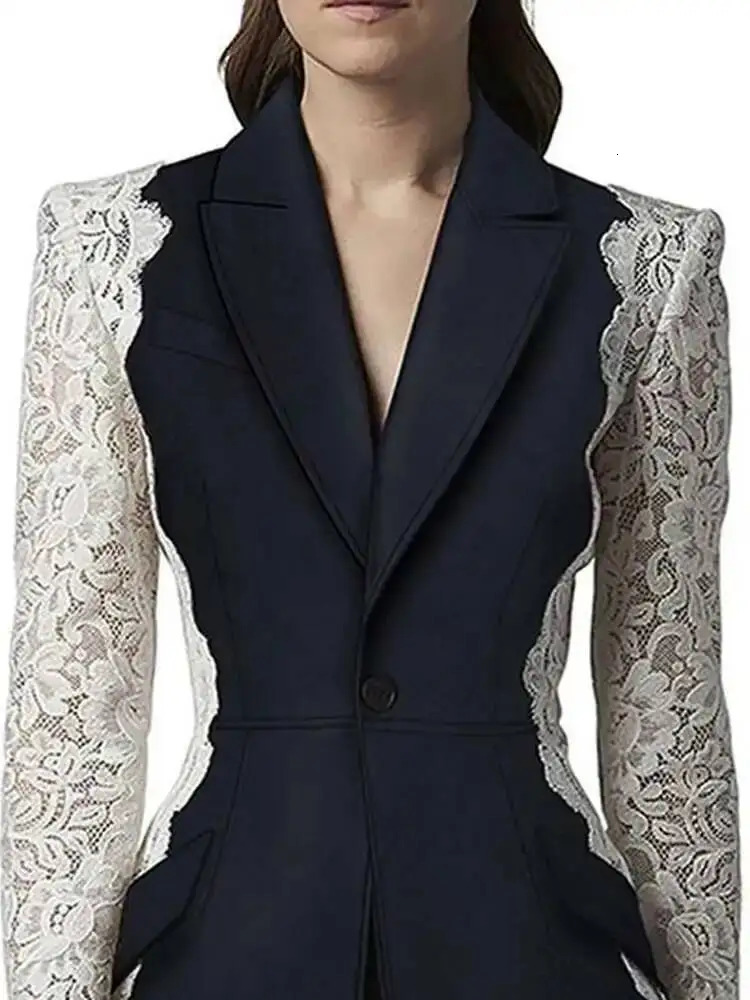 DEAT Fashion Womens Blazer Notched Lace Patchwork Long Sleeve Contrast Suit Jackets Female Spring 17A1298 251027