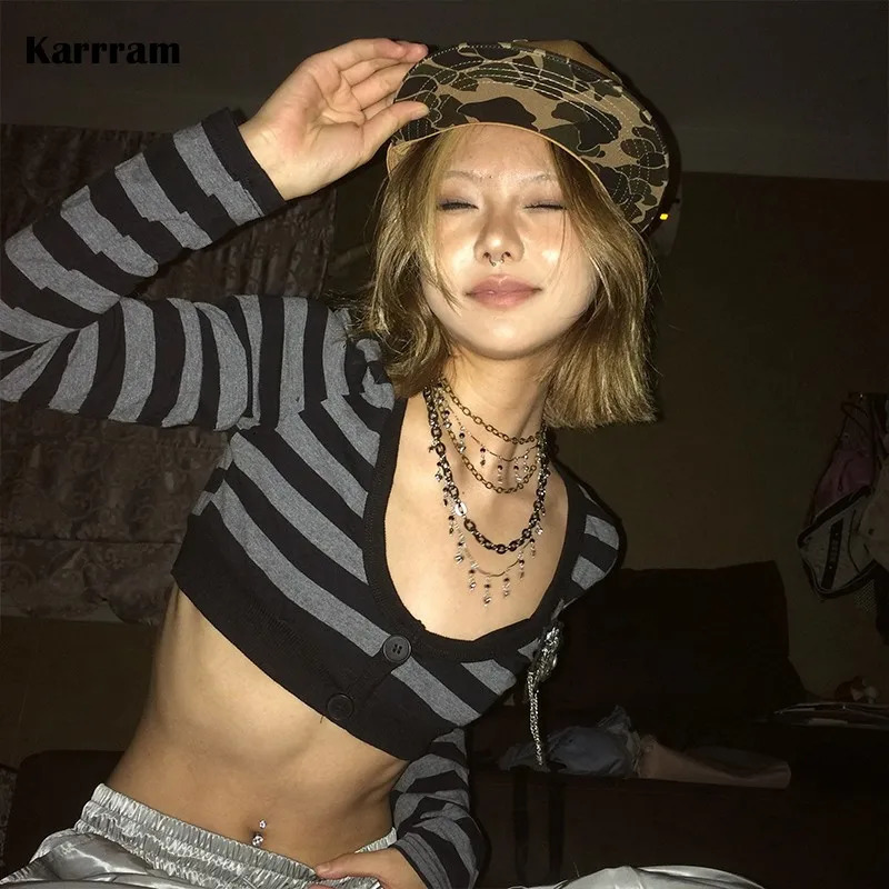 Karrram Trashy Y2k Crop Top Japanese 2000s Style Striped Long Sleeved Tshirt Vintage Harajuku High Street Tops American Retro 251027