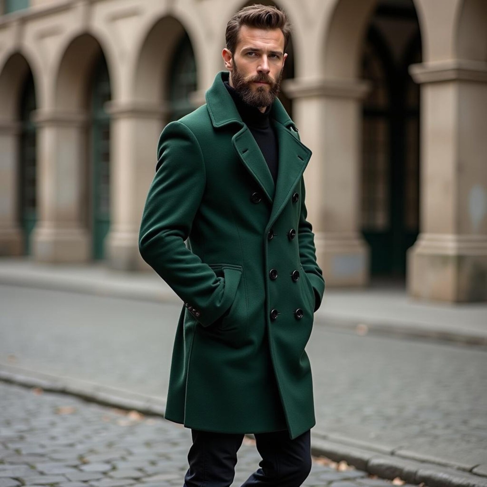 Wool Blend Coat Men Over Jacket Double Breasted Long Overcoat Plus Size Solid Color Green Warm Formal Business Tailored Wear