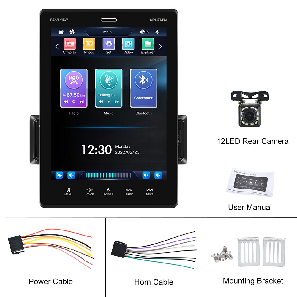 9.5 inch MP5 Vertical Screen Telescopic Car Stereo CarPlay Player Android Auto MP5 Player Mirror Link With Rearview Camera