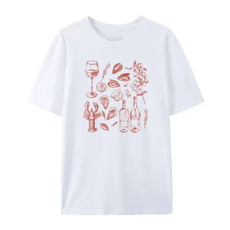 Summer American Ins Womens Retro Seafood Printing TShirt Trendy Retro Y2k Oyster Lobster Cute Loose Vacation Half Sleeve Top 251027