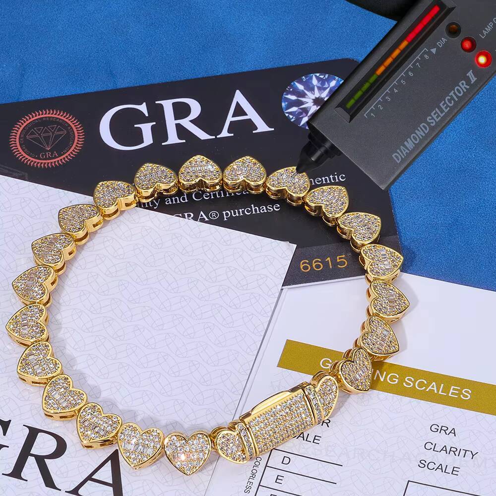 NUOYA Womens 8mm Tennis Chain 925 Silver Iced Out VVS Moissanite Mixed Inlay Baguette Heart Bracelet Hip Hop Fine Jewelry