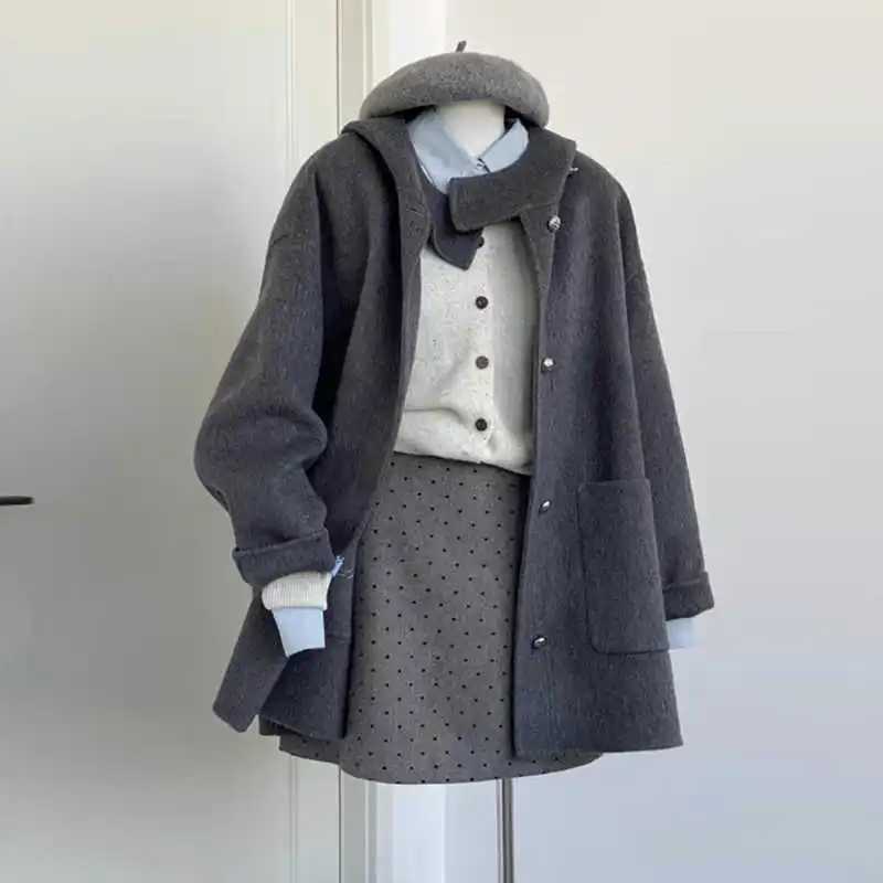 Grey Hooded DoubleSided Wool Woolen Coat For Women In Autumn And Winter 2025 New HighEnd Hepburn Style Coat M251027