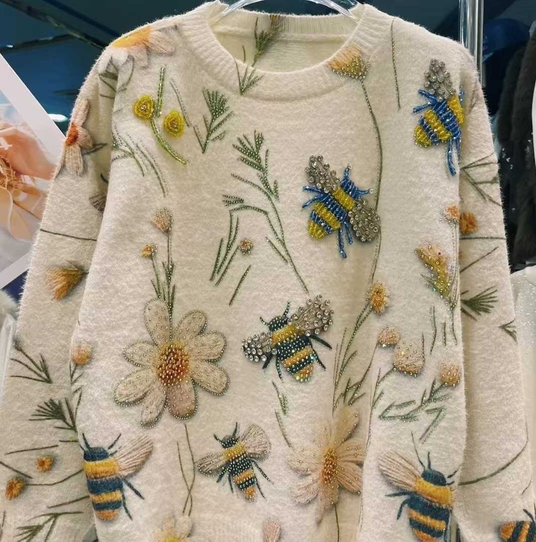 New Trend Heavy Industry Diamond Stitch Y2K Sweater for Women Autumn Winter Loose Casual Round Neck Knitted Pullover JumpersT251027