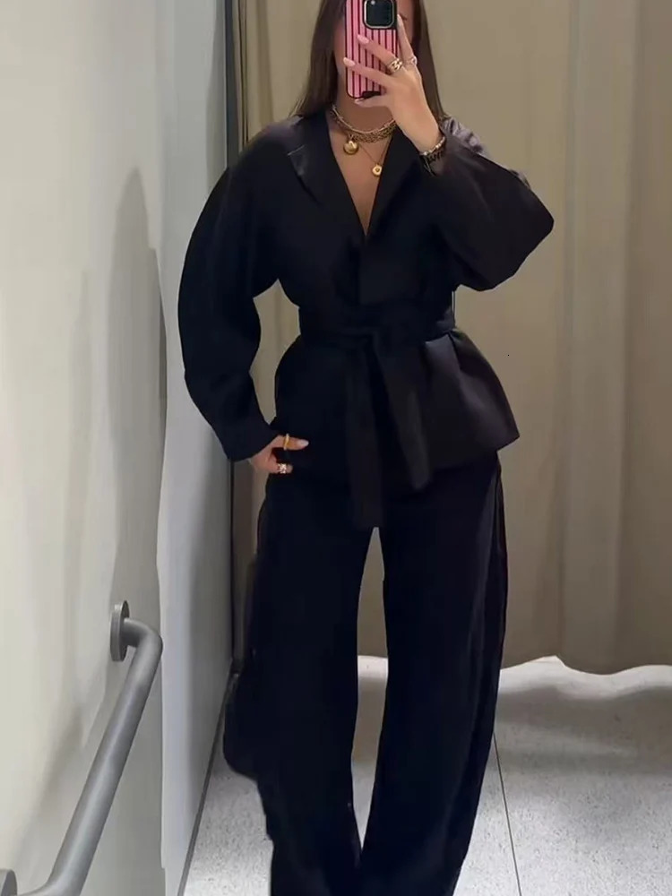 TFMLN Womens Solid Pant Two Piece Round Collar Long Sleeve Open Coat With Belt High Waist Pants Women Autumn Clothing 251027