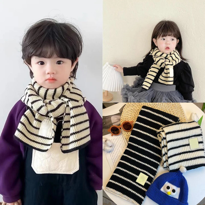 Winter Soft Knitted Kids Scarf Black White Striped Boys Girls Neckerchief Outdoor Warm Children Long Scarves 251027