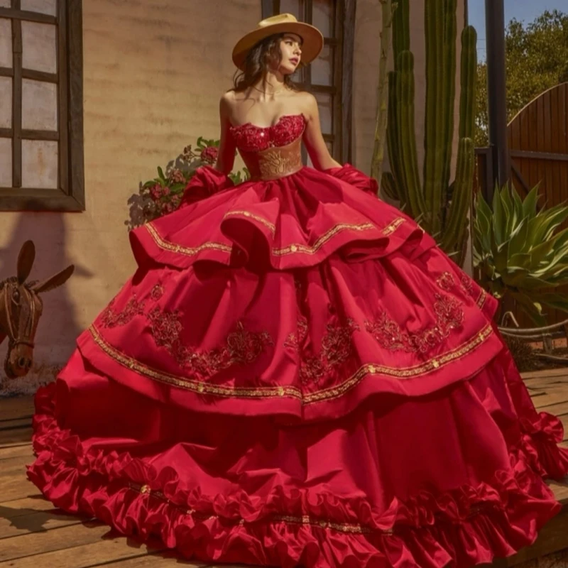 Red Quinceanera Dresses Off The Shoulder Applique Lace Beading Corset Tull Party Birthday Sweet 16 Dress Vestidos 15 De Anos