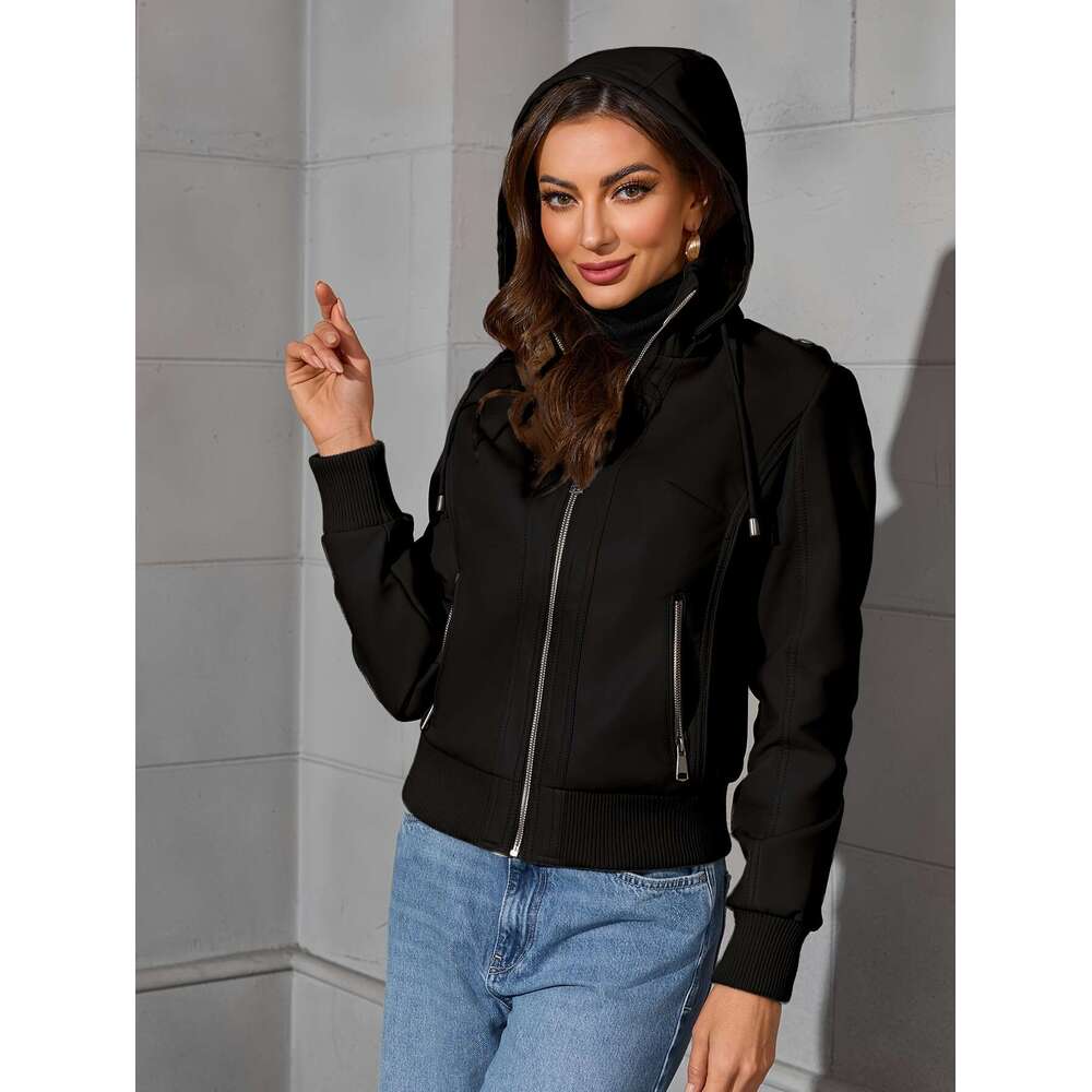 Chic Jacket Casual Chic Women's Black PU Leather Moto Jacket - Long Sleeve Zip-Up With Drawstring Hood Outerwear For Spring & Fall