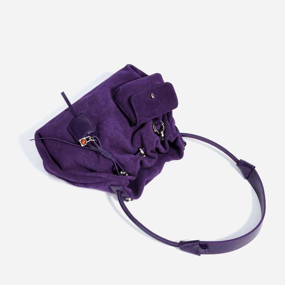 Designer Cowhide Suede Crossbody Shoulder Bag,Genuine Leather Drawstring Lucky Handbag,Women Casual Cloud Pleated Sling Bag