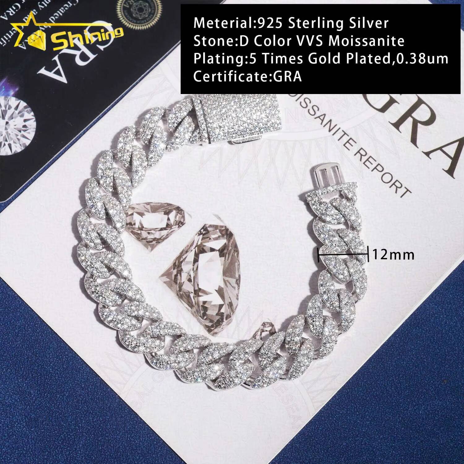 RTS 12mm Width Sterling Silver 925 Vvs Moissanite Cuban Bracelet Hip Hop Iced Out Jewelry Men Necklace Cuban Link Chain