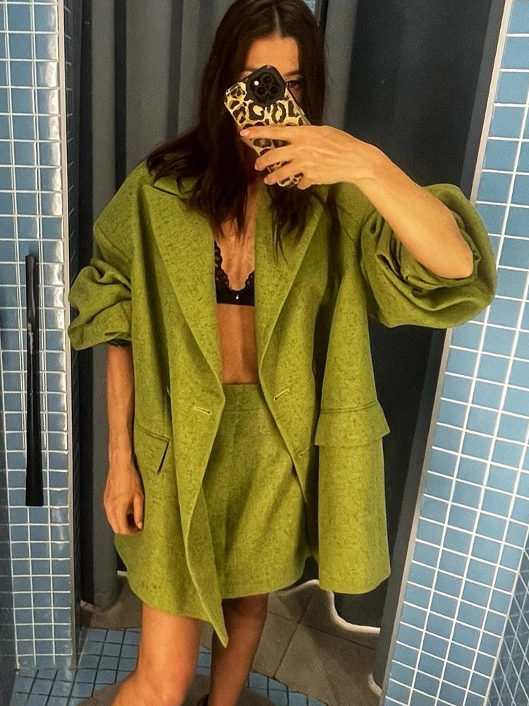 Autumn Green Mini Skirt Sets For Woman Long Sleeves Double Breasted Blazer Jackets Hip Package Short Skirts 2 Pieces Suits 251023