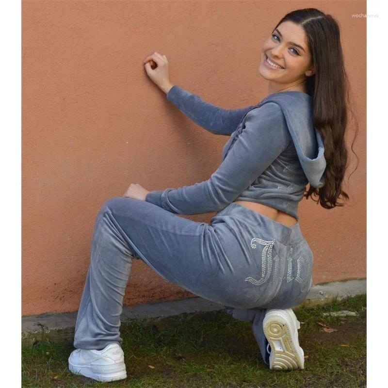 Women's Two Piece Pants Personalized Velvet Hooded Rhinestone Long Sleeved Top Elastic Waist Wide Leg Autumn Winter Womens Fashionable C260312