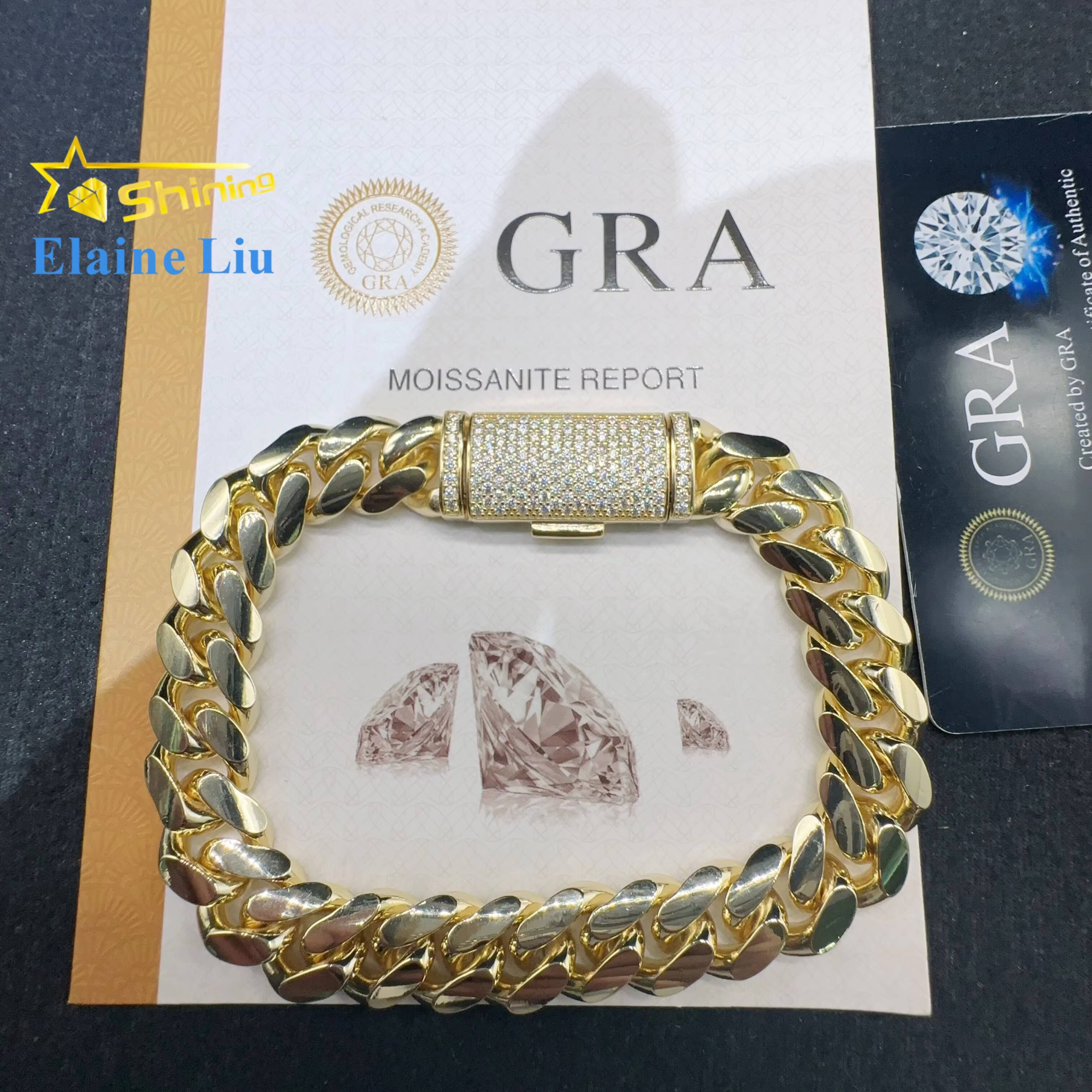 Fashion Sterling Silver 925 VVS Moissanite Lab Diamond Clasp Hip Hop Jewelry 14K Real Gold Plated Cuban Link Chain Bracelet