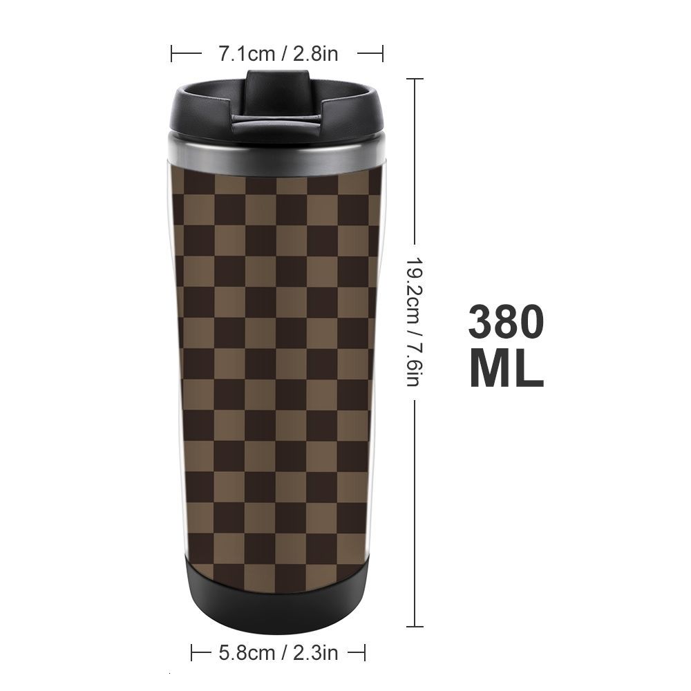 Luxury Stainless steel water cup designer travel mug with luxcury brown checkered pattern on the front