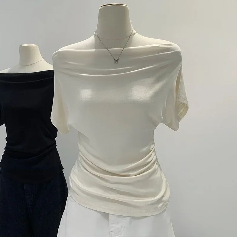 Summer Pure Desire One Shoulder Black Short Sleeve Womens Tshirt Korean Style Slimming Top Exposed Shoulder Fashionable 251027