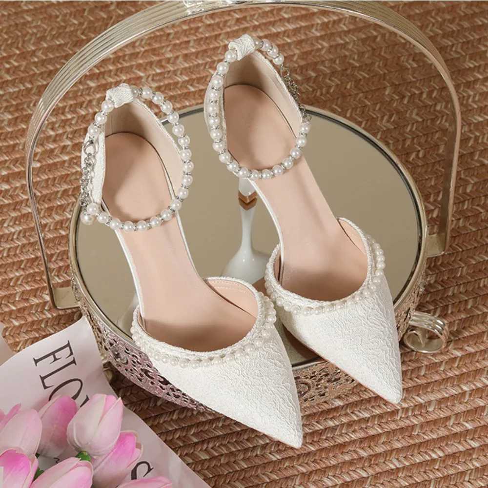 High Heeled Shoes Womens 2025 Summer with A Thin Heel and Pointed Toe A Straight Cut Lace Surface White Pearl Bridal Shoe WomenXJ251027
