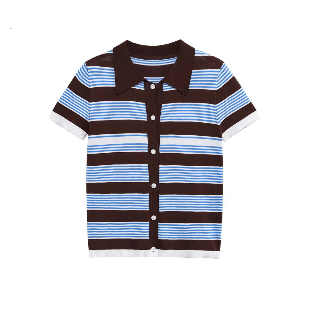 womens summer casual versatile buckle closed striped short sleeved knitted polo shirt collar top 251027