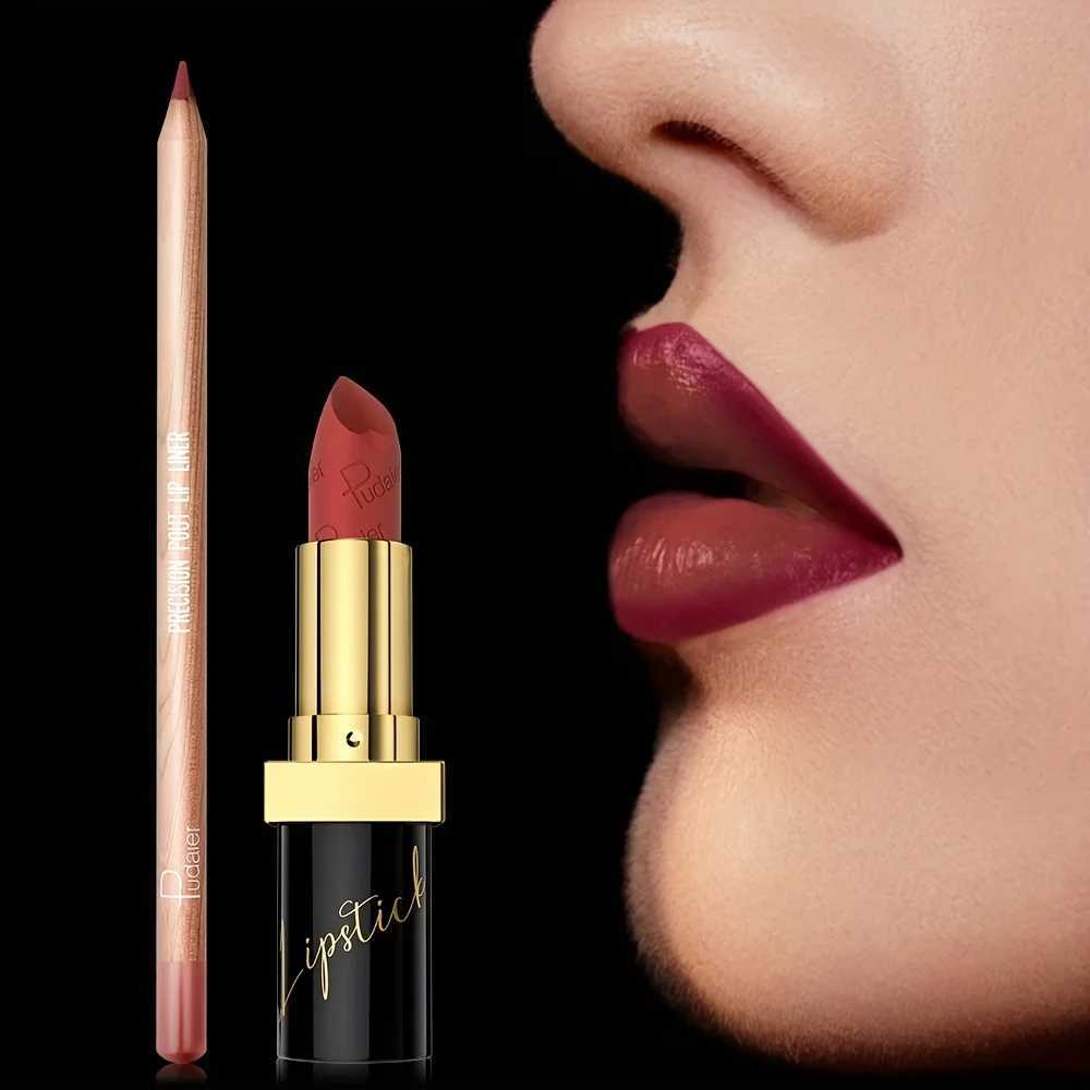 Pudaier 2pcs Matte Lipstick and Lip Liner Set Waterproof Sweatproof Longlasting Easy to Apply W251027