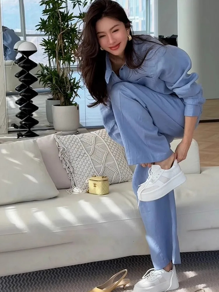 Summer Women Long Sleeve Shirt Wide Leg Pants Two Piece Set Office Lady Cotton Linen Work Outfits Comfortable Matching Suit Sets 251027