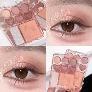 Heartshaped 8color eyeshadow tray with blush highlight matte glitter highgloss effect pink berry brown toneXJ251027