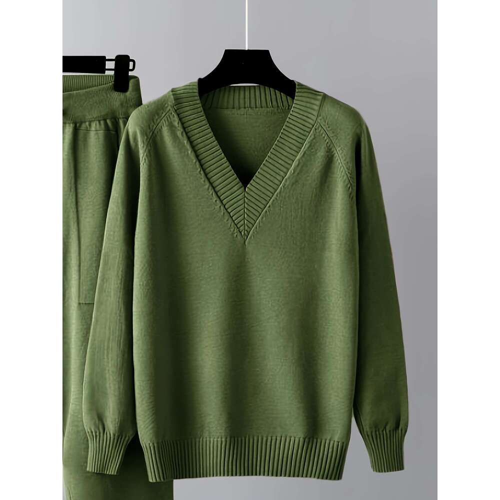 Two-Piece Set Two-Piece Set, Casual Solid Color V-Neck Sweater With Sleeves And Pants, No Belt, Regular Sleeve Length, Long Pants