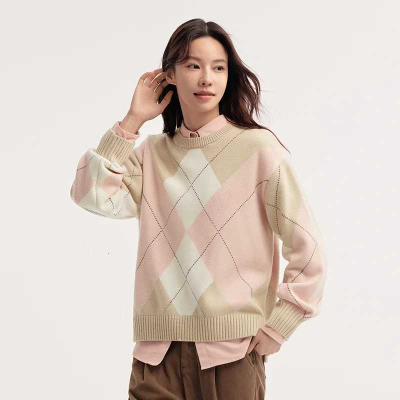Semir Sweater Women Diamond Color Block 2025 Winter New Drop Shoulder Loose KnitwearT251027