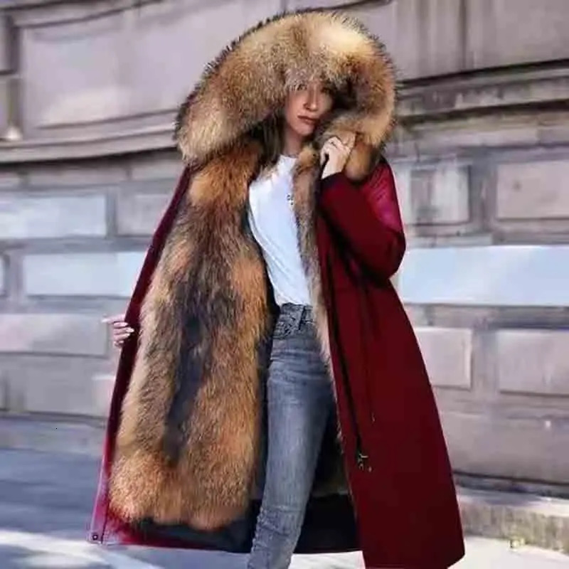 Winter Kneelength Hooded Loose Slim Female Raccoon Fur Coat Lined with Detachable Warm and Casual 5XL Parka 251027