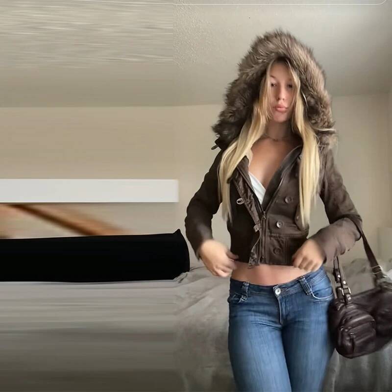 winter jacket women Autumn Winter Vintage Brown Fur Neck Hooded Jacket For Women Long Sleeve Pocket Warm Coat 2025 New Lady High Street Y2k Outwears