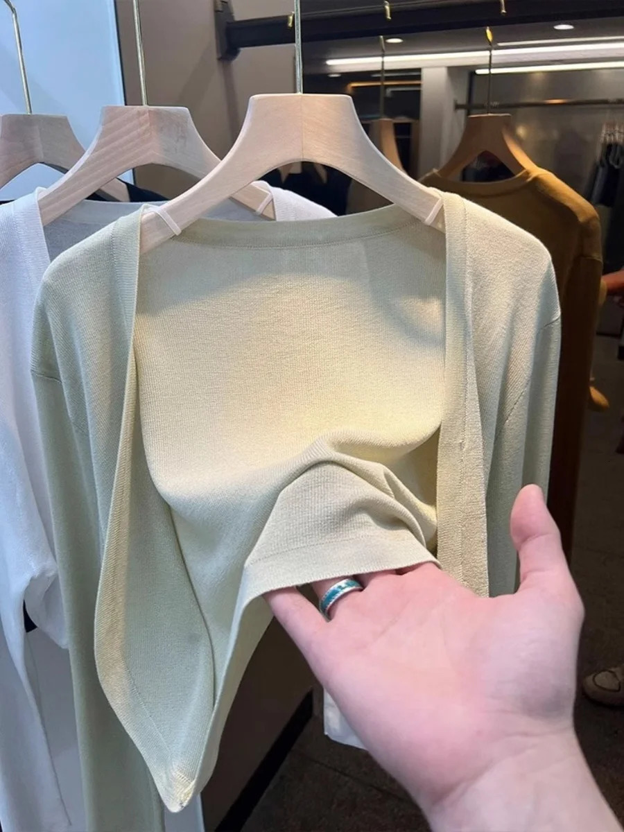 Short Ice Silk Knitted Sun Protection Cardigan Womens Thin Summer Suspender Skirt Layered Gauze Jacket Airconditioned Cover Up 251027