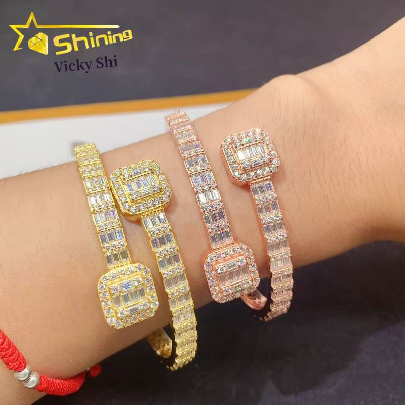 Fine Jewelry GRA Certificated VVS Moissanite Bracelet Hip Hop 925 Solid Silver Baguette Moissanite Diamond Bangle Bracelet