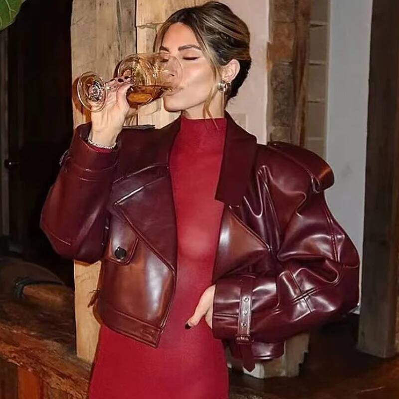 winter jacket women HXAO Women's Bury Leather Demi-Season Crop Black Outerwears Button Oversized Long Sleeve Top Moto Biker Jacket