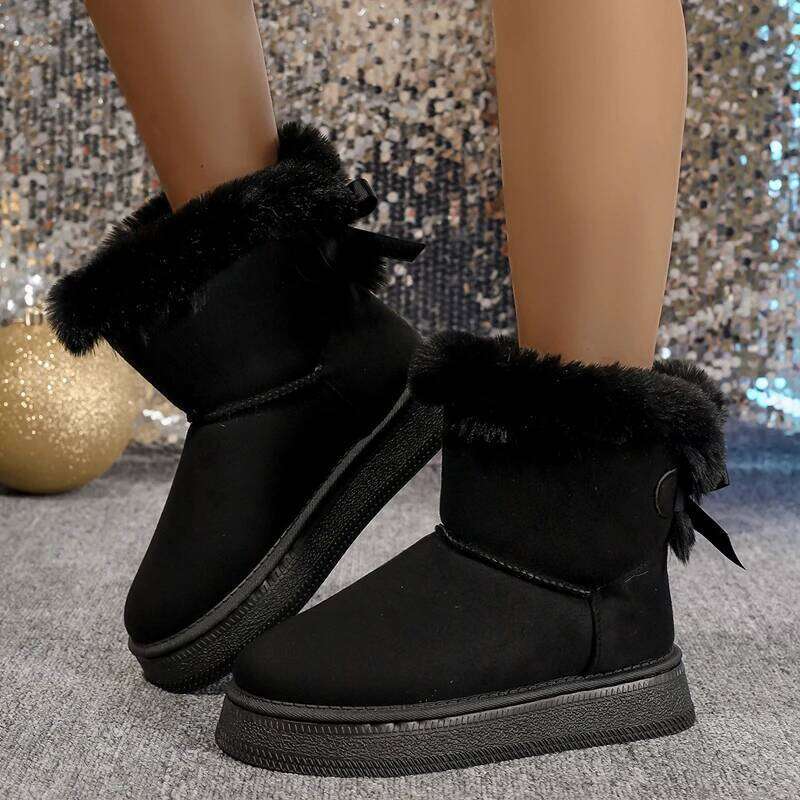 New Fashionable Bow Round Toe Elegant Snow Boots Winter Flat Wear-resistant Soft Students Plus Veet Warm Women's Shoes