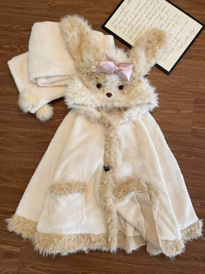 Winter Cute and Sweet Dog Two Piece Women Clothing Hooded Coral Velvet Pajama Home Set Hair Collar Warm Leisure 251027