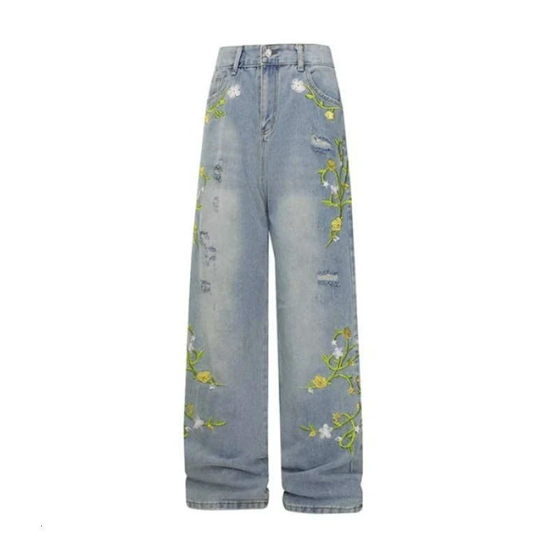 Autumn Winter Vintage Embroidered Flower Loose Wide Leg Pants Women Straight Casual Versatile Jeans High Waist Washed Denim Pant 251027