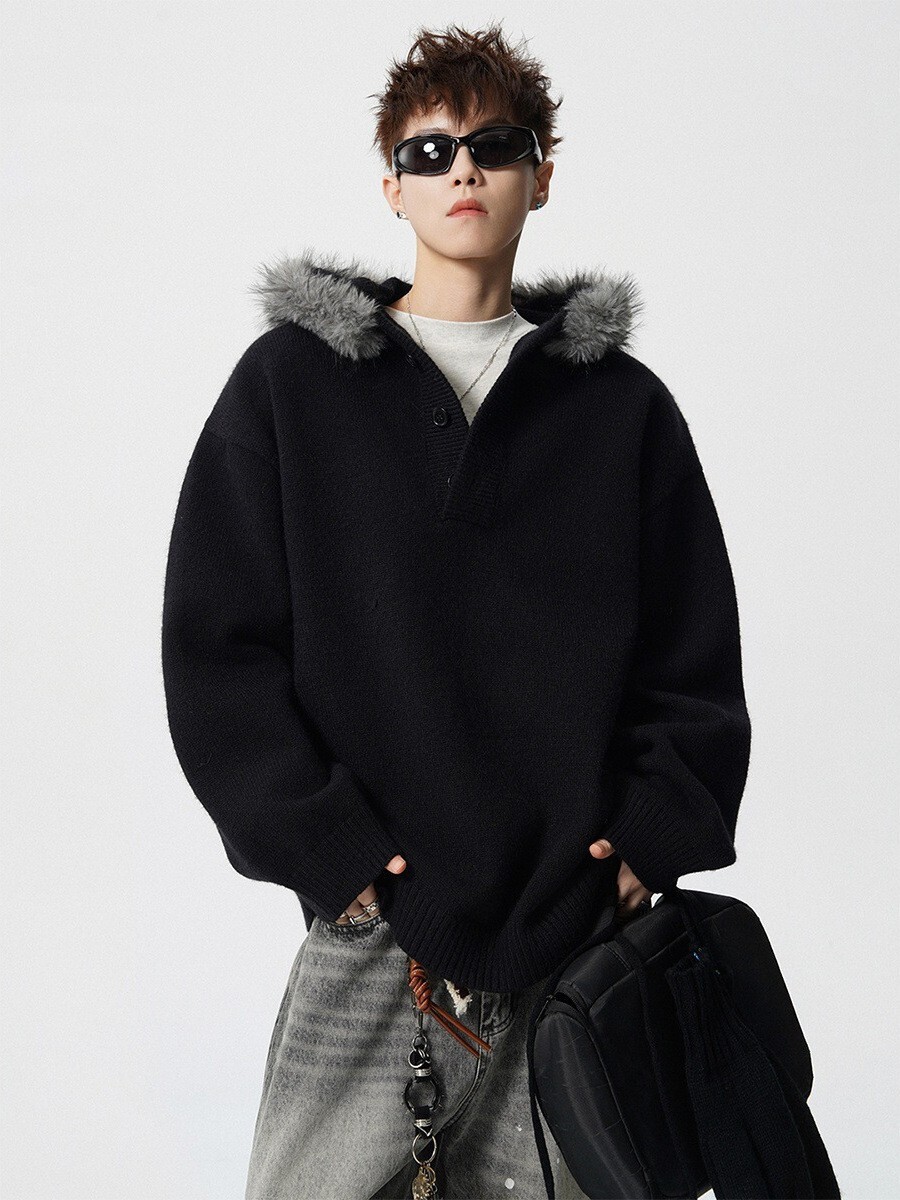 American Style Hooded Sweater With Large Fur Collar For Men And Designer Sweater Women Autumn And Winter Pullover Knitwear Lazy Style Loose Coat Trend