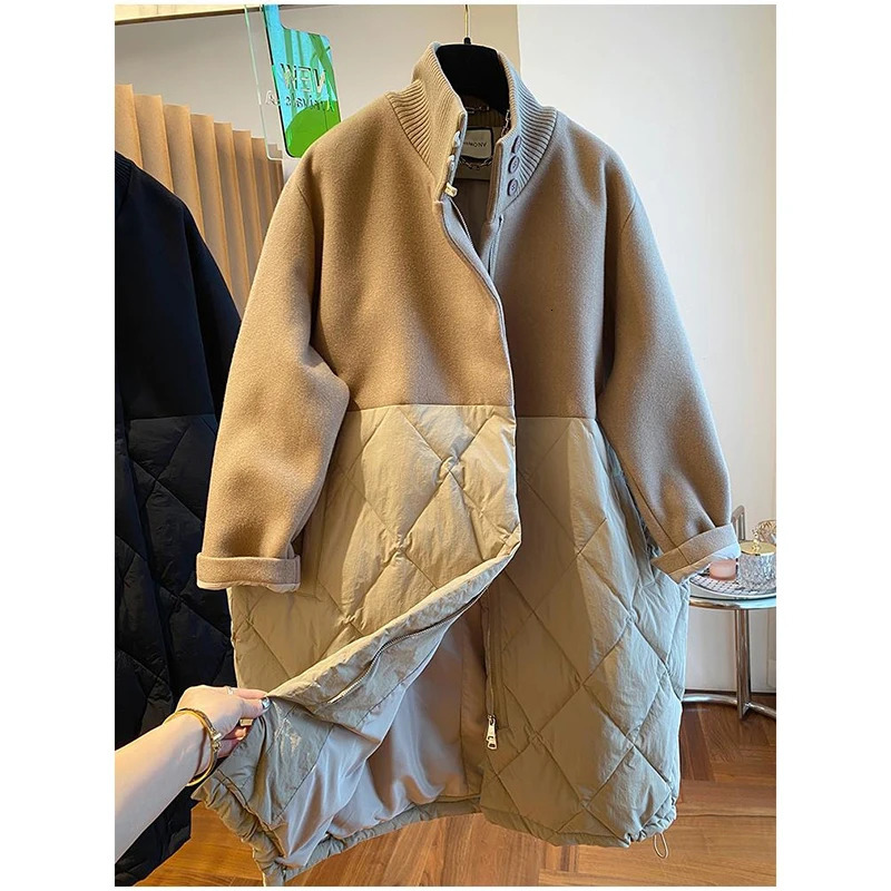Parkas Woolen Stitching Down Cotton Coats Womens Loose Cashmere Jackets Winter Fashion Long Sleeve Warm Outwear Female 251027