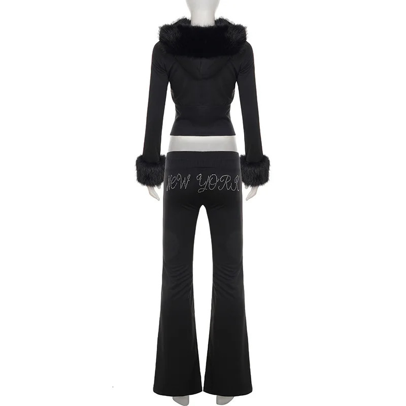Fall Winter Diamonds Letter 2 Piece Set Tracksuits Furry Patchwork Long Sleeve Zipper Hooded Jackets Top Flare Pants Suit 251027