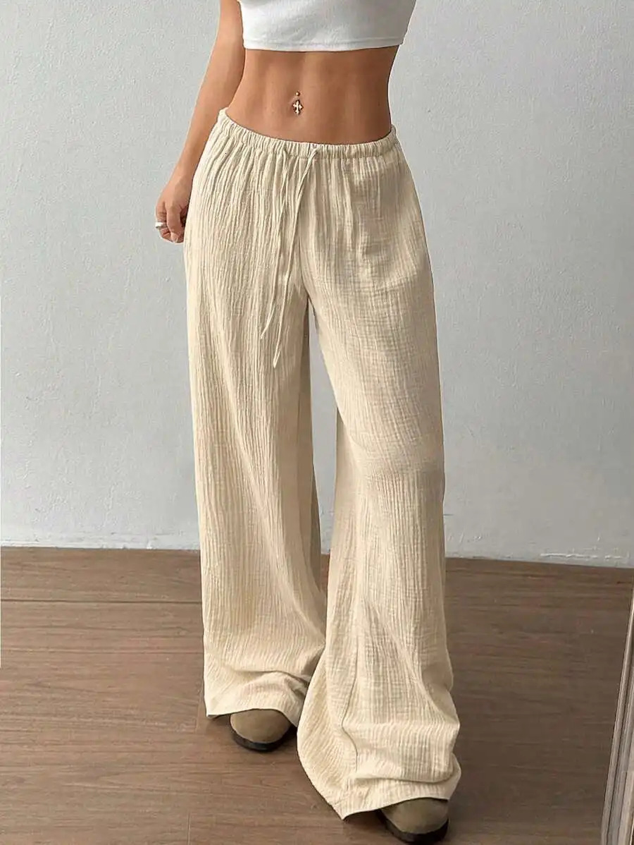 Fashion Women Loose Wide Leg Pants Elegant Solid High Waist Drawstring Office Lady Commute Baggy Pant Casual Sweatpant Trousers 251027