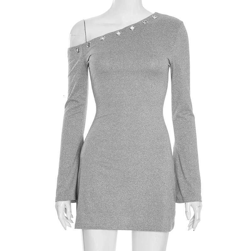 Women's Autumn Winter New Solid Color Asymmetrical Neck Hollow Out Ring Flared Long Sleeve Off Shoulder Dress