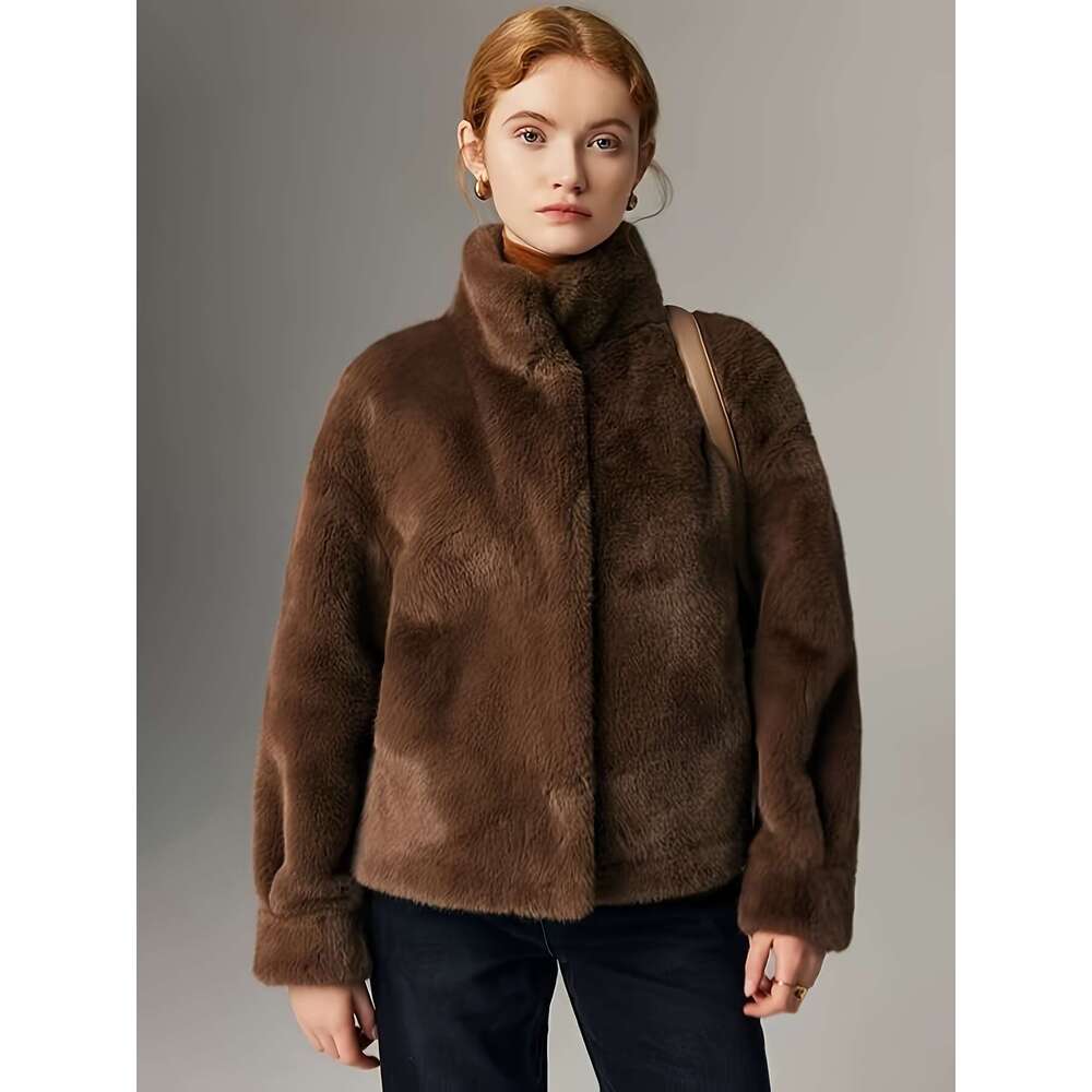 Women's Chic Faux Fur Coat - Thick Warm Short Length With Drop Shoulder Sleeves, Solid Color, Single Button Closure, Regular Fit Fall/Winter, Sty