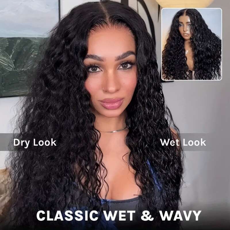 Klaiyi 13X4 Water Wave With Drawstring Pre Everything Human Hair Lace Frontal Put On And Go Glueless Wig